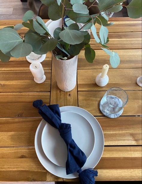 Eucalyptus, DIY plastered vase, blue napkin setting, grey plates, lunch set up. Grey Plates, Diy Plaster, Blue Napkins, Napkins, Vase