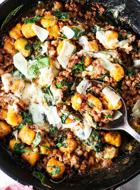 Gnocchi With Sweet Potato, Recipes With Trader Joes Sweet Potato Gnocchi, Sweet Potato Gnocchi Dinner, Sweet Potato And Italian Sausage, Sweet Potato Gnocchi And Sausage, Sweet Potatoes Gnocchi, Healthy Sweet Potato Gnocchi, Sweet Potato Sausage Pasta, Vegan Sweet Potato Gnocchi Recipe