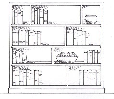 Bookshelf Perspective Drawing, Book Shelf Drawing Sketch, Book Shelf Sketch, Bookshelf Drawing Reference, Bookshelf Drawing Illustration, Shelf Sketch, Shelf Drawing, Bookshelf Illustration, Bookshelf Drawing