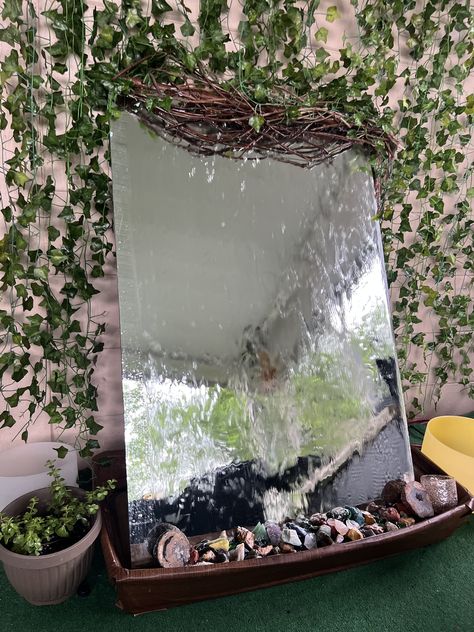 DIY mirror fountain #fountainmirror Mirror Waterfall Diy, Diy Cat Water Fountain With Plants, Diy Mirror Fountain, Diy Waterfall Mirror, Fountain Mirror, Waterfall Mirror, Mirror Fountain, Mirror Waterfall, Dnd Halloween