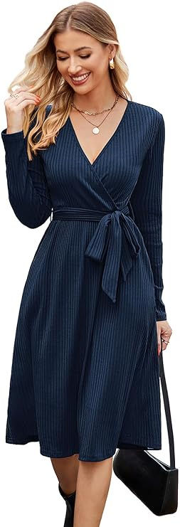 Newshows Women's 2023 Fall Long Sleeve Sweater Dress V Neck Casual Ribbed Knit Belt Midi Wedding Guest Dress with Pockets Fall Business Casual Outfits, Blue Dresses For Women, Knit Belt, Sweater Dress Long, Cotton Wrap Dress, Fall Sweater Dress, Midi Dress Fall, Christmas Dress Women, Work Dresses For Women