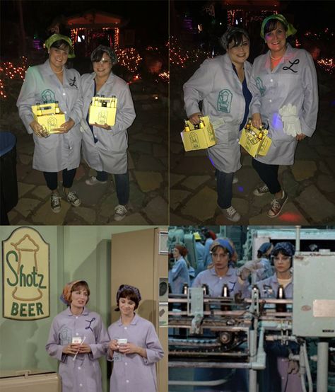 Last minute costume executed in 4 days! Had a hard time picking something after last years Tin man! Wasn't feeling Halloween this year. Ended up as Laverne & Shirley! Dyed Doctors lab coats and stenciled the Shotz logo onto the front and back. Printed Shotz logo for beer and covered our six packs & carried the gloves and wore googles, covered hair, cut the L out for Jeane's costume and done! Laverne Shirley Costumes, Laverne And Shirley Costumes, Olive Oyl Costume, Halloween Cubicle, Laverne And Shirley, Last Minute Costume, Laverne & Shirley, Blouse Nylon, Bff Halloween Costumes