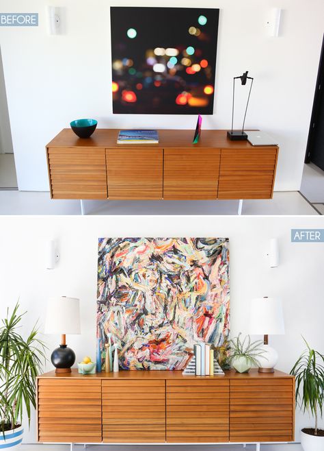 A Modern Makeover with method Mcm Credenza Styling, Midcentury Dining Room, Credenza Styling, Dining Room Credenza, Green Living Room Decor, Green Living Room, Living Room Wall Decoration, Mid Century Credenza, Mcm Design