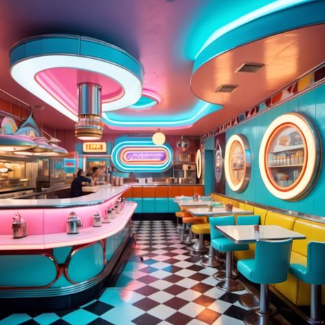 Retro Futuristic Restaurant, Retro Futurism Restaurant, Futuristic Diner, American Dinner Aesthetic, Space Themed Restaurant, 80s Restaurants, Neon Diner, Diner Background, Retro Futurism Furniture