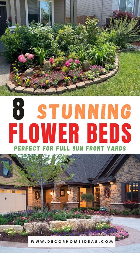 Best Flower Bed Ideas For Full Sun Front House Full Sun Garden Bed Ideas, Front Yard Landscaping Ideas Full Sun, Full Sun Flower Bed Ideas Front Yards, Front Of House Landscape Ideas Full Sun, Front Flower Bed Ideas Curb Appeal, Landscape Ideas Curb Appeal, Curb Appeal Uk, Lawn Design Ideas, Annual Flower Beds