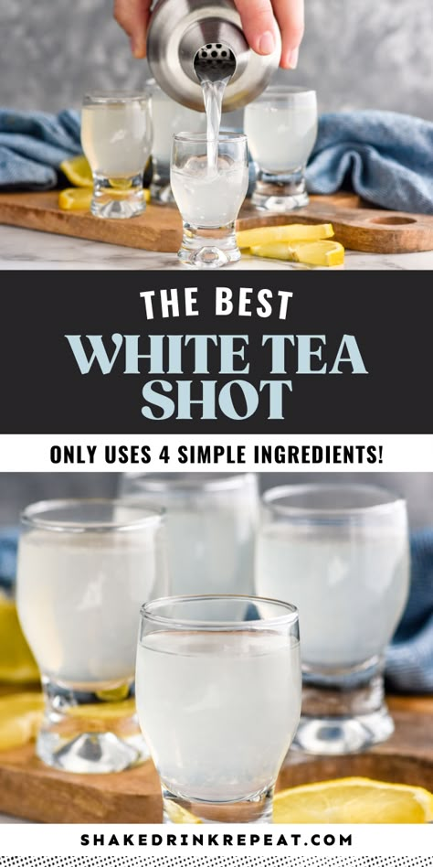 The white tea shot recipe is fruity and refreshing. Made with vodka, peach schnapps, tart lemon juice and sweet simple syrup, this recipe is easy to shake up and sure to be a hit. White Tea Shot Recipe, Fruity Shots, Shots Alcohol Recipes, White Drinks, Cocktail Shots, Shots Alcohol, Mixed Drinks Alcohol, Vodka Shots, Yummy Alcoholic Drinks