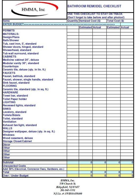 Use this form to help you stay on track. Want an Excel spreadsheet with formulas? Just send us an Email: office@hmmainc.com General Contractor Checklist, Construction Checklist, Spreadsheet Ideas, Business Spreadsheets, New Hire Checklist, Remodeling Checklist, Bathroom Checklist, Life Management Binder, Remodel Checklist