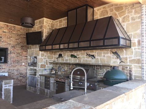 Hand Crafted Custom Brushed Finish Stainless Steel Vent Hood with Wrought Iron Bands and three blower units with lights over outdoor grill #outdoordesign #outdoorkitchen #ventilationhoods #customhomes #countrystyle #outdoorliving #countryliving #FarmHouseStyle #RanchHomes #beachsheetmetal Stainless Steel Hood Vent, Outside Kitchen, Kitchen Vent Hood, Kitchen Vent, Kitchen Appliances Luxury, Outdoor Kitchen Appliances, Outdoor Kitchen Design Layout, Kitchen Designs Layout, Kitchen Hoods