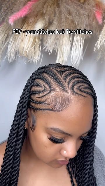 TBS HAIR LOUNGE on Instagram: "Stitches >>>  October slots out now  Book via link in bio  (Freestyle Fulani + small + twist add on )  - - - - - - #aliciakeys #aliciakeysbraids #freestylestitching #knotlessbraids #knotlessboxbraids #smallknotlessbraids #freestylebraids #stitchbraids #neatbraids #obsessed #southlondonbraider #thebraidspeciallist #viral #explorepage #explore #viralhairvideos #viralreels #reelsinstagram #reelsviral #braider #braidslondon #zigzagbraids #feedinbraids #halfuphalfdownhairstyle #sewinbraids #sewinweave #sewinfulani #clientcam📸😍" French Braid In Front Singles In Back, Half Stitch Half Sew In, Cornrows Fulani Braids, Fulani Braids Hairstyles No Curls, Freestyle Lemonade Fulani Twist, Lemonade Fulani Twist With Curls, Trible Braids Freestyle Sew In, Fulani With Twist, Side Part Fulani Braids Hairstyles