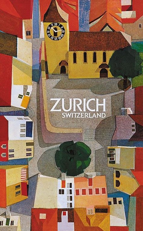 Tourism Poster, Retro Travel Poster, Zurich Switzerland, City Illustration, Poster Retro, Clock Tower, Poster Vintage, Illustrations And Posters, Vintage Postcard