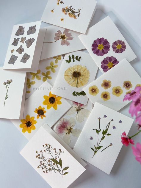 Dried Flower Cards Diy, Pressed Flower Gifts, Dry Flower Cards Handmade, Dried Flowers Cards Ideas, Pressed Flower Cards, Dried Flower Cards Handmade, Pressed Daisies, Floral Party Ideas, Dried Flowers Greeting Cards