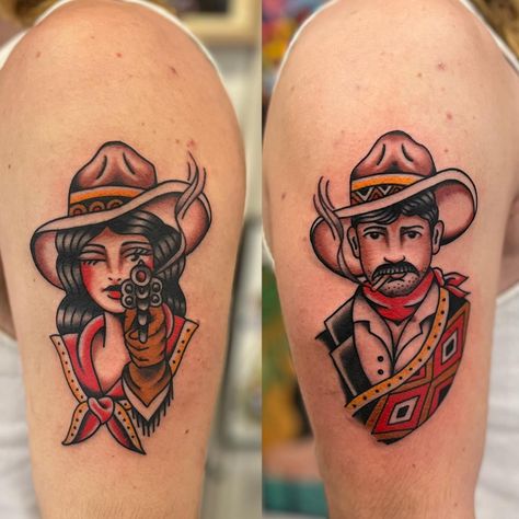 Peter Thorne | Matching pair for my buddy Tristan! Thanks man, made @nomansland.tattoo | Instagram Couple Tattoo Traditional, American Traditional Wedding Tattoo, Couples American Traditional Tattoo, Couples Traditional Tattoo, Couple Traditional Tattoo, American Traditional Couple Tattoo, Western Tattoo Traditional, Western Style Tattoos Men, Old School Western Tattoo