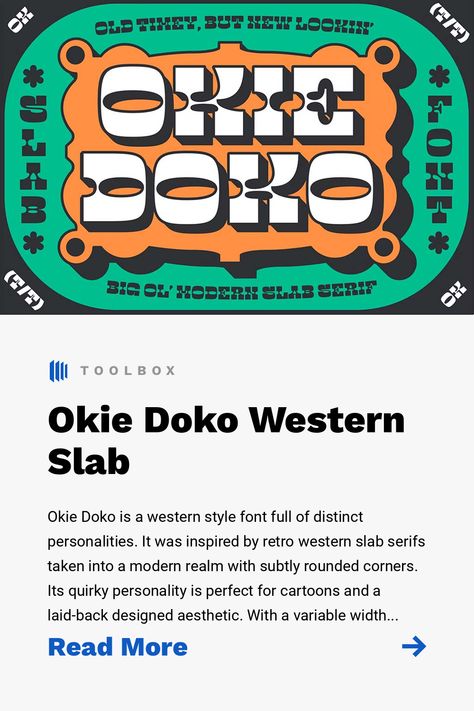 Okie Doko is a western style font full of distinct personalities. It was inspired by retro western slab serifs taken into a modern realm with subtly rounded corners. Its quirky personality is perfect for cartoons and a laid-back designed aesthetic. With a variable width of the font letters, its versatility helps it fit and fill any space of your design. Use Okie Doko for stickers, merch, Instagram posts, printed materials and posters. 70s Western Aesthetic, Modern Cowboy Aesthetic, Western Lettering, Western Graphic Design, Western Letters, Western Typography, Cowboy Font, California Cowboy, Western Type