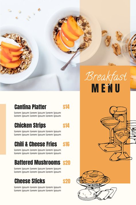 Orange Breakfast Menu | Menu Template Brunch Menu Design, Simple Breakfast Menu, Breakfast Menu Design, Battered Mushrooms, Coffee Menu Design, Orange Breakfast, Cafe Menu Design, Menu Card Design, Chili Cheese Fries