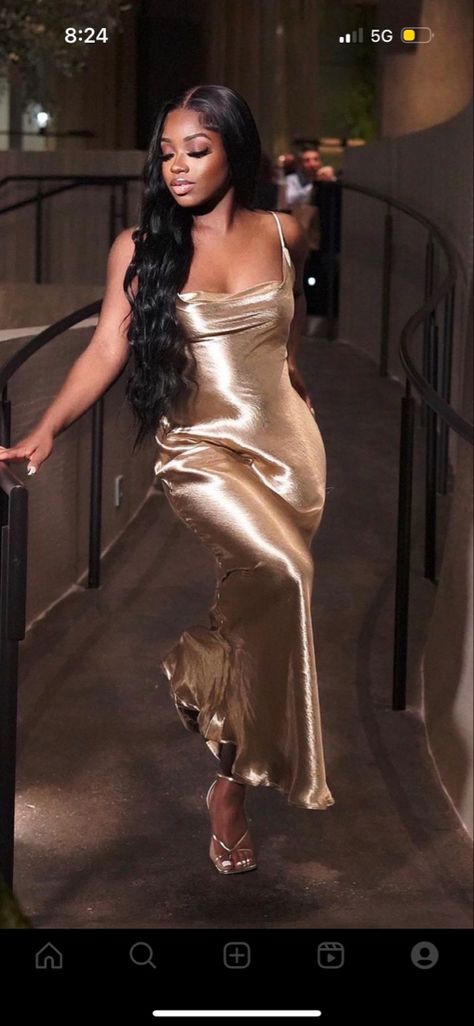 Dark Gold Satin Dress, Gold Satin Dress Outfit, Luxury Elegant Gold Satin Dress, Gold Satin Dress For Night Out, Gold Satin Dress Black Women, Luxury Gold Satin Slip Dress, Gold Satin Dress, Satin Dress Outfit, Gold Satin