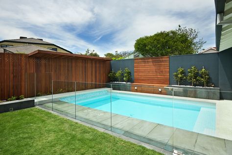 Hampton Pool 1 Pool Feature Wall, Hampton Pool, Pool Equipment Cover, Wooden Pool, Pool Landscape Design, Rectangular Pool, Above Ground Pool Decks, Backyard Pool Landscaping, Pool Fence