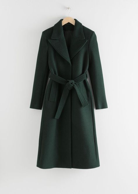 Herringbone Long Belted Coat | & Other Stories #andotherstories #fashion #coats Dark Green Coat, Green Wool Coat, Herringbone Coat, Long Coat Jacket, Trouser Outfits, Belted Jacket, Belted Coat, Green Coat, Wool Blend Coat