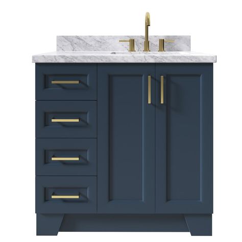 Get a stylish addition to your home with this Ariel Taylor Bath Vanity in Midnight Blue with Marble Vanity Top in Carrara White with White Basin. Blue Bathroom Vanity, Types Of Countertops, Rectangular Sink Bathroom, Quartz Vanity Tops, Double Door Design, White Quartz Countertop, Marble Vanity Tops, Single Basin, Single Sink Bathroom Vanity