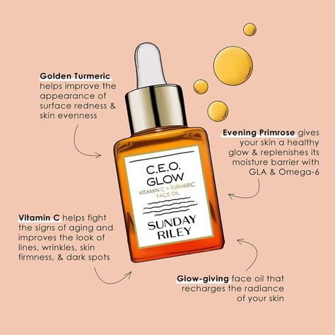 C.E.O Glow Vitamin C + Turmeric Face Oil - SUNDAY RILEY | Sephora Ceo Glow, Sunday Riley Ceo, Turmeric Face, Turmeric Vitamins, Turmeric Oil, Best Vitamin C, Turmeric Extract, Pomegranate Seed Oil, Raspberry Seed Oil