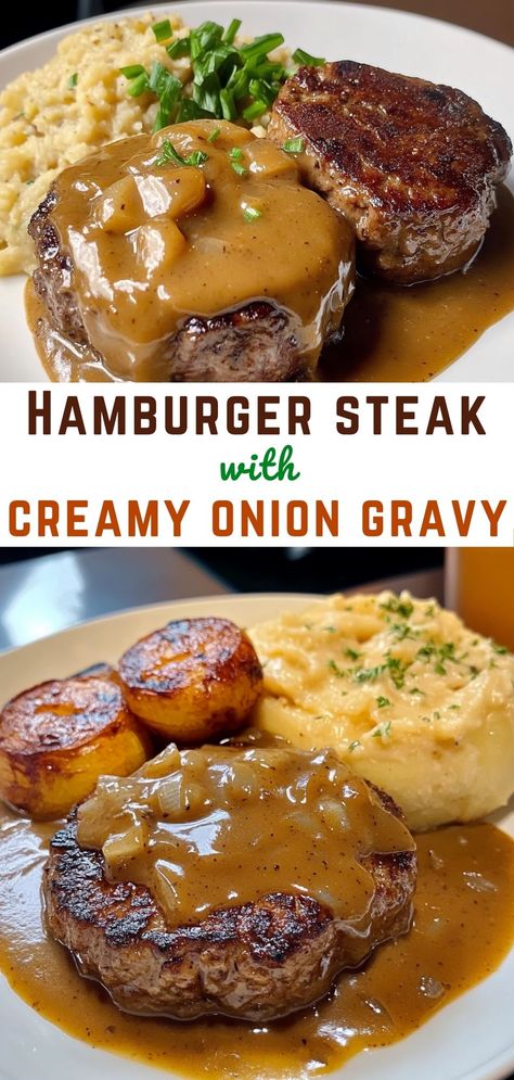 Savor the comfort of Hamburger Steak with Creamy Onion Gravy! This simple recipe features juicy beef patties smothered in a rich, flavorful onion gravy. Perfect for dinner, serve it over rice or mashed potatoes for a hearty meal. Your family will love this easy and delicious recipe! Hamburger Steak With White Gravy, Hamburger Steak And Onion Gravy, Gravy Steak Recipes, Steak Burgers And Gravy, Hamburger Steaks With Onion Gravy Easy, Hot Hamburger With Gravy, Best Hamburger Gravy Recipe, Hamburger And Gravy Recipe, Chopped Steak And Gravy