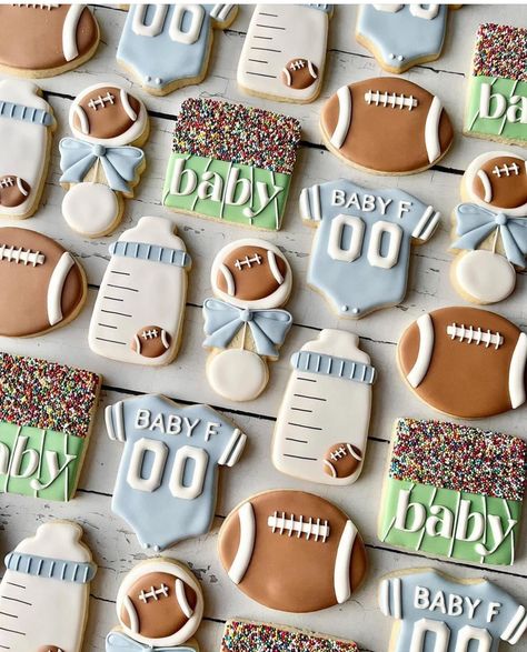 Football Baby Shower Theme, Baby Boy Hunting, Bride Cookies, Sports Baby Shower Theme, Bridal Cookies, Football Cookies, Football Baby Shower, Sports Baby Shower, Royal Iced Cookies