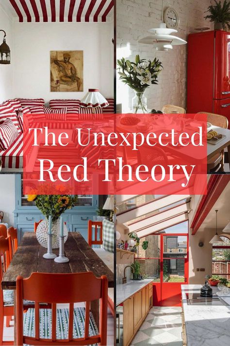 "The Unexpected Red Theory" in home design. Pops Of Red Living Room, Red Home Accents, Home Decor With Red Accents, Pop Of Red Living Room, Red Cabinet Living Room, Pop Of Red Decor, Red Color Theory, Color Pop Interior Design, Unexpected Red Interior Design