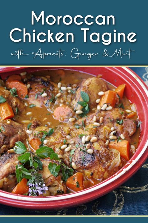 Chicken tagine (stew) garnished with fresh mint and pine nuts. Moroccan Tagine Recipes, Chicken Food Recipes, Arabisk Mad, African Stew, Tagine Cooking, Moroccan Stew, Moroccan Tagine, Chicken Tagine, Moroccan Cooking