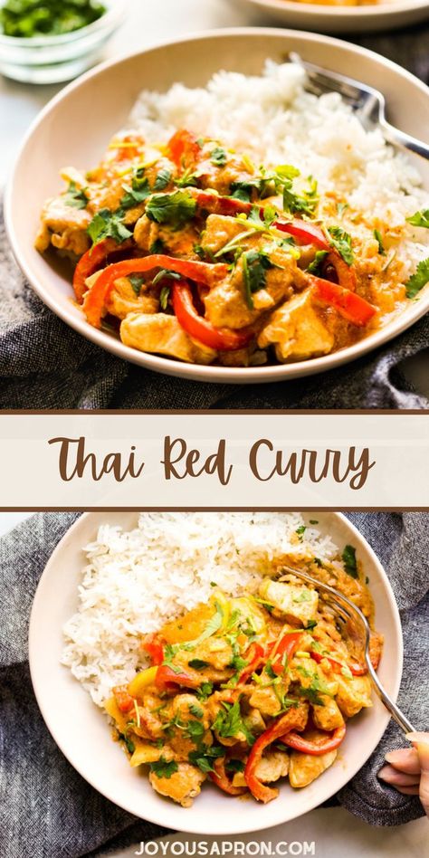 Thai Red Curry Chicken - an easy and yummy coconut curry recipe with chicken, bell peppers, and bamboo shoots. Ready in 30 minutes, it makes a tasty Asian dinner meal on busy evenings. Healthy, spicy and so flavorful! Curry Recipes Spicy, Thai Red Curry Chicken And Vegetables, Red Thai Chicken Curry, Thai Dinner Recipes, Thai Red Curry Chicken, Joyous Apron, Creamy Coconut Curry, Coconut Curry Recipe, Thai Red Curry Recipe