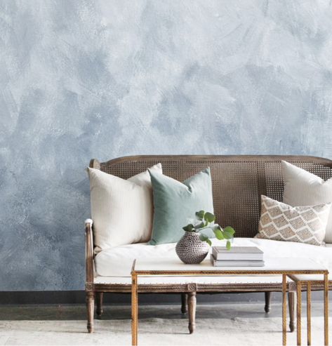 Blue Girl's Bedroom Inspiration - Taryn Whiteaker Wallpaper Behind Sofa, Seafoam Green Pillows, Girls Blue Bedroom, Behind Sofa, Brown Living Room Decor, Couch Styling, White Couches, Hand Painted Wallpaper, Green Sofa