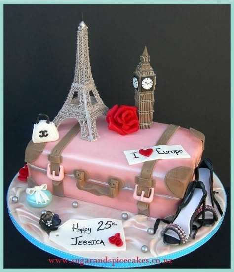 Vintage Travel Cake - I LOVE Europe Paris Birthday Cakes, Bolo Paris, Suitcase Cake, Travel Cakes, Paris Cakes, Travel Cake, Paris Birthday, Paris Party, Crazy Cakes