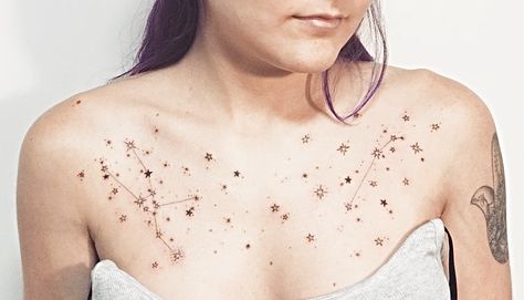 Unique Constellation Tattoo, Night Sky Tattoo Sleeve Stars, Night Sky Tattoo Minimalist, Space Chest Tattoo Female, Night Sky Back Tattoo, Constellation Chest Tattoo, Night Stars Tattoo, Multiple Constellation Tattoo, Galaxy Chest Tattoo Female