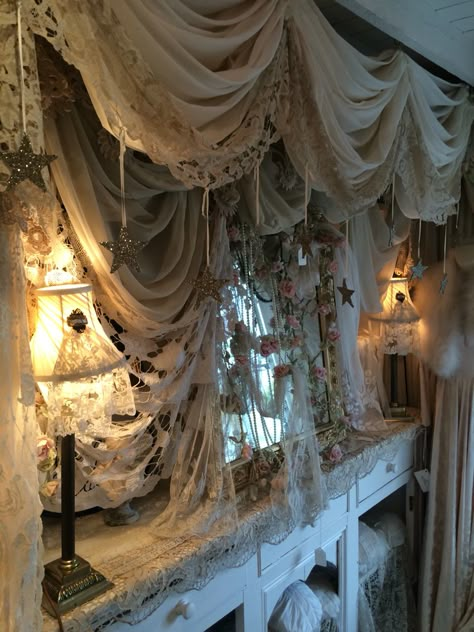 Sheelin lace shop Labyrinth Inspired Room, Gothic Shabby Chic, Lace Room Decor, Labyrinth Bedroom, White Gothic Bedroom, Lace Ceiling, Siren Room, Lace Bedroom, Gothic Room