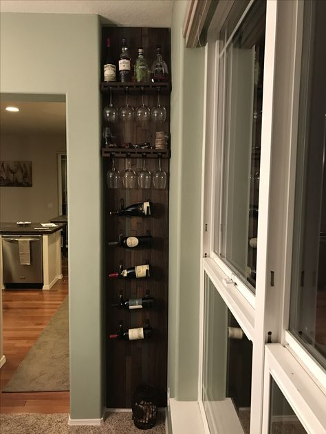 Corner Wall Wine Rack, Diy Wine Rack Under Stairs, Wall Niche Wine Rack, Small Built In Wine Rack, Wine Case Ideas, Behind Bar Wall Ideas, Wall Wine Rack Ideas, Wine Wall Ideas, Home Wine Rack