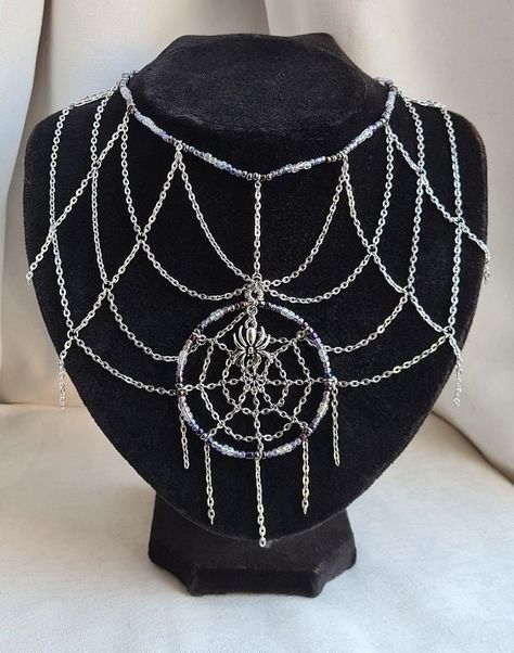 Gothic Beaded Jewelry, Spiderweb Jewelry, Spider Aesthetic, Spider Web Necklace, Gothic Valentine, Scale Maille, Goth Jewellery, Emo Jewelry, Crimp Bead Covers