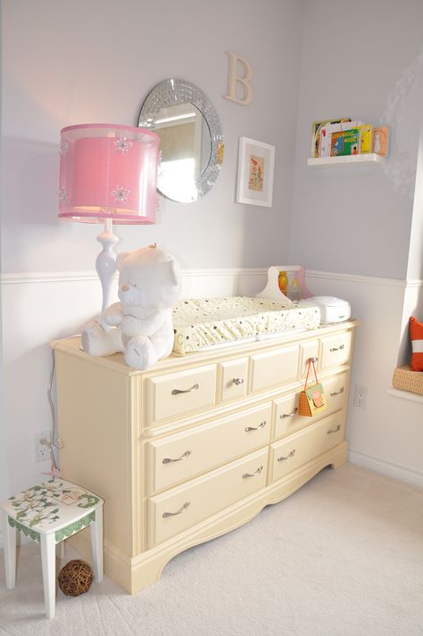 Yellow Dresser Nursery, Pale Yellow Nursery, Yellow Changing Table, Dresser Colors, Yellow Dresser, Girly Nursery, Baby Nursery Inspiration, Nursery Dresser, Yellow Nursery