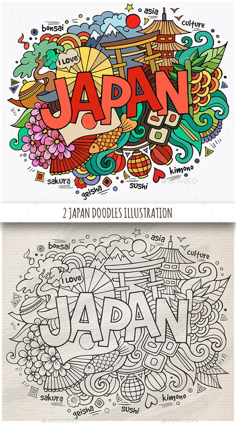 2 Japan Doodles Designs Japan Drawing Ideas, Japanese Festival Drawing, Doodle Colorful Art, Japanese Doodle Art, Background Doodle Art, Japan Doodle Art, Japanese Drawing Ideas, Doodle Art With Color, Doodle Art Background