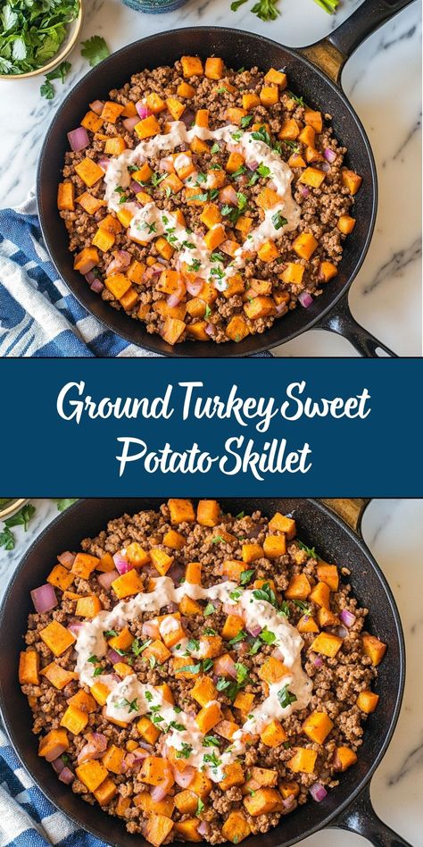 The ground turkey and sweet potato skillet is a wholesome, flavorful, and quick one-pan meal. Packed with protein, nutrients, and vibrant flavors, this dish is perfect for busy weeknights or meal prep. Combining the lean goodness of ground turkey with the natural sweetness of sweet potatoes and a medley of spices, it’s a satisfying and healthy meal everyone will enjoy. Ground Turkey And Sweet Potato, Ground Turkey Sweet Potato Skillet, Turkey Sweet Potato Skillet, Ground Turkey Sweet Potato, Sweet Potato Skillet Recipes, Turkey And Sweet Potato, Ground Turkey Recipes Easy, Turkey Mince Recipes, Turkey Sweet Potato