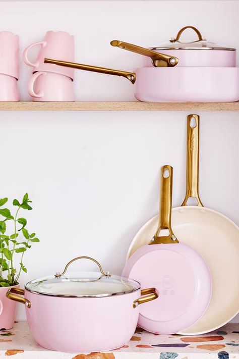 Greenpan Colorful Pots And Pans, Pink Kitchen Designs, Tableware Photography, Pink Pots And Pans Cookware Set, Colourful House, Kitchen Pans, Kitchen Photography, Paris Kitchen, Frying Pans