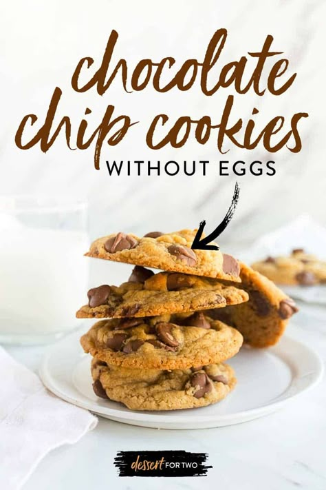 Chocolate chip cookies without eggs. Small batch chocolate chip cookie recipe makes just 8 cookies. Uses cream cheese instead of eggs for chewy, fluffy cookies! #eggless #noeggs #withouteggs #chocolatechipcookieswithouteggs #chocolatechipcookies #cookieswithouteggs #eggfree #smallbatchchocolatechipcookies #cookingfortwo Chocolate Chip Cookies Without Eggs, Small Batch Chocolate Chip Cookie Recipe, Cooking For Two Recipes, Savory Desserts, Cookies Without Eggs, Small Batch Chocolate Chip Cookies, Small Batch Desserts, Egg Free Baking, Eggless Cakes