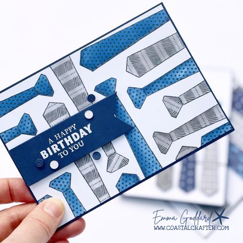 Randomly stamped ties and coloured with the Night of Navy and Smoky Slate Blends. You could create this same card in so many different colour ways! To learn how to make this card over at www.coastalcrafter.com #wellsuited #suitup #handsomelysuited #coastalcrafter #handstamped #learnhow tomakethiscard www.coastalcrafter.com Night Of Navy Stampin Up Cards, Cards For Men, Suit Card, Suit Up, Birthday Sentiments, Masculine Birthday Cards, Stampin Up Catalog, Male Cards, Happy Birthday To You