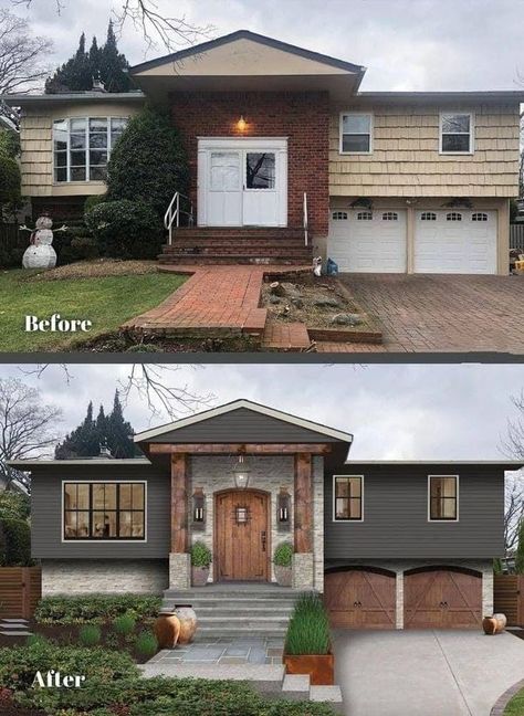 Before & After Paint Brick House, Split Level Remodel Exterior, Paint Brick, Split Level Remodel, Painted Brick House, House Before And After, Office Gadgets, Red Brick House, Exterior Remodel