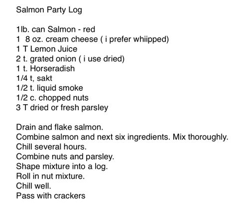 Salmon Log Recipe, Flaked Salmon, Can Salmon, Food Log, Party Foods, Betty Crocker, Fresh Parsley, Meal Plan, Home Ideas