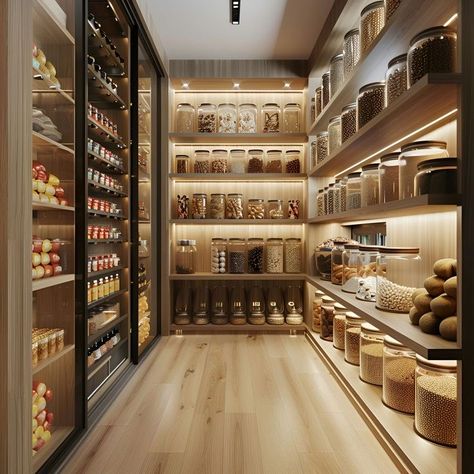 Dream Snack Pantry, Big Modern Pantry, Glass Kitchen Storage Jars, Kitchen Store Ideas, Modern Home Storage, Elegant Pantry Organization, Wooden Glass House, Luxury Food Storage Room, Food Cabinet Ideas