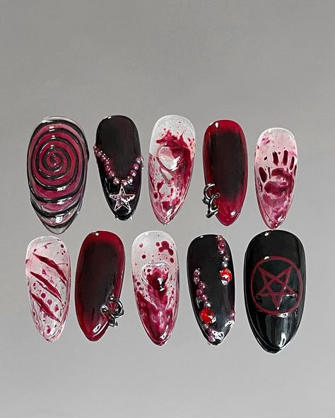 Who says gore nails are just for Halloween?🎃🩸 Meet Bloody Ritual—a set designed for those who embrace dark elegance all year long!💀 These medium-length almond nails (Size L) bring a fierce, edgy vibe to any season. Dare to stand out with a touch of blood and mystery? • • • • #BloodyRitual #GoreNails #PressOnNails #NailArt #custompresson #fyp #halloween #halloweennails #gore #november #poseamericaine #lesongles #fauxongles #custompressonnails #handpainted Show Nails, Fashion Nail Art, Nails Size, Punk Nails, Dark Elegance, Really Cute Nails, Dark Blood, Birthday Nails, November 1