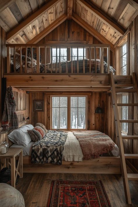 Cabin Loft Cabins With Loft Plans, Tiny Cabins Interiors Loft, Loft Sleeping Space, Rustic Loft Bed, Bunk Room Ideas Adults, Sleeping Loft Low Ceiling, Log Cabin Loft Ideas, Cabin Room Aesthetic, Cabin Loft Bedroom Ideas