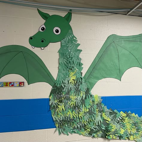 Dragon Display Classroom, Dragon Bulletin Board Ideas, Fantasy Classroom Decor, Dragon Bulletin Board, Handprint Dragon, Fairytale Classroom Theme, Keepers Of The Kingdom Vbs Decorations, Fantasy Classroom, Decoration On Wall