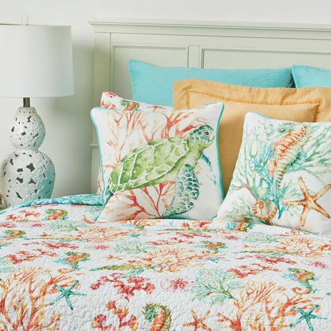 Chandler Cove Quilt Collection - Colorful Sea Turtle, Sea Turtle Print, Cotton Quilt Set, Coral Pattern, Sea Horses, Coastal Living Room, Bedding Brands, Bedding Stores, Twin Quilt