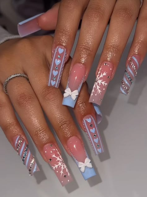 Nail For December, Nail Inspo Coffin Christmas, Winter Nails Acrylic Blue, Blue Acrylic Christmas Nails, Cute Nail Designs Winter, Cute Blue Winter Nails, Short Nails Diamonds, Christmas Nail Inspo Pink, Baby Blue Acrylic Nails Christmas