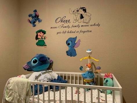 Lilo & Stitch nursery Lilo And Stitch Themed Nursery, Stitch Theme Nursery, Lilo And Stitch Themed Bedroom, Disney Themed Baby Room, Stitch Room Ideas For Kids, Stitch Themed Nursery, Stitch Themed Room, Lilo And Stitch Nursery Ideas, Stitch Nursery Ideas