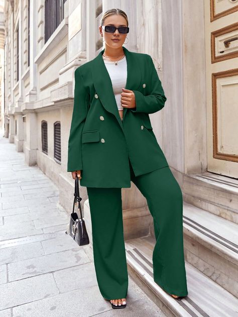 Ensemble simple de couleur unie pour femme grande taille pour usage quotidien Vert sapin Élégant    Unicolore  Pas de l'extensibilité  Women Plus Clothing, size features are:Bust: ,Length: ,Sleeve Length: Green Suit, Inspiration Mode, All Fashion, Plus Clothing, Length Sleeve, Latest Trends, Style Inspiration, Sleeve Length, Plus Size